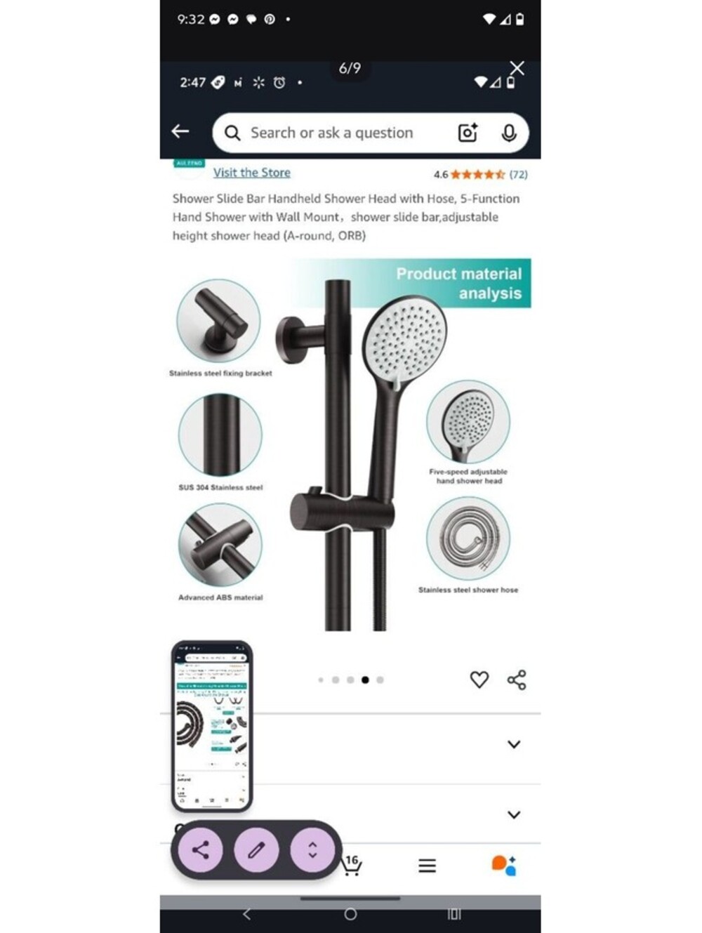 Shower Slide Bar Handheld Shower Head with Hose, 5-Function Hand Shower